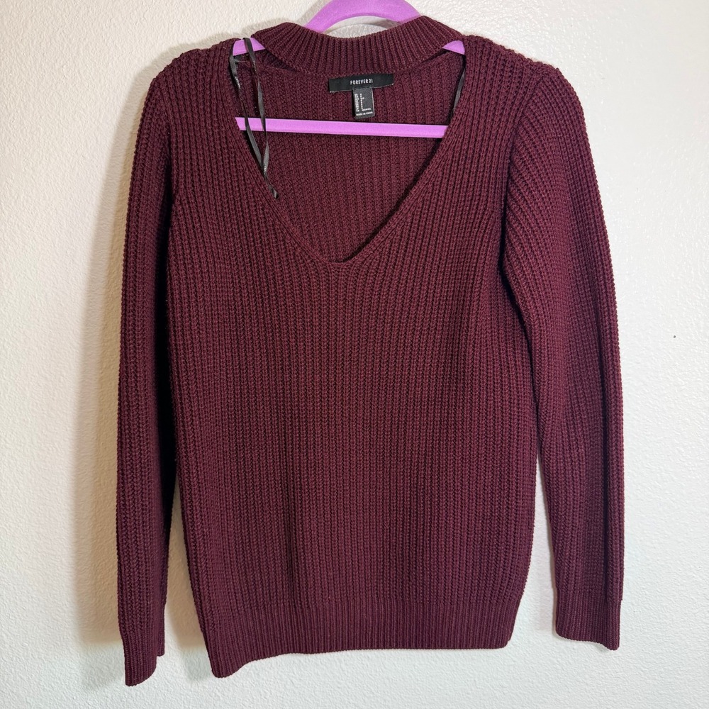 Forever 21 Burgundy Shaker Knit Choker V-Neck Pullover Sweater Womens Small